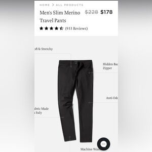 Unbound Merino “Men’s Slim Merino Travel Pant” size 30/30. Black.